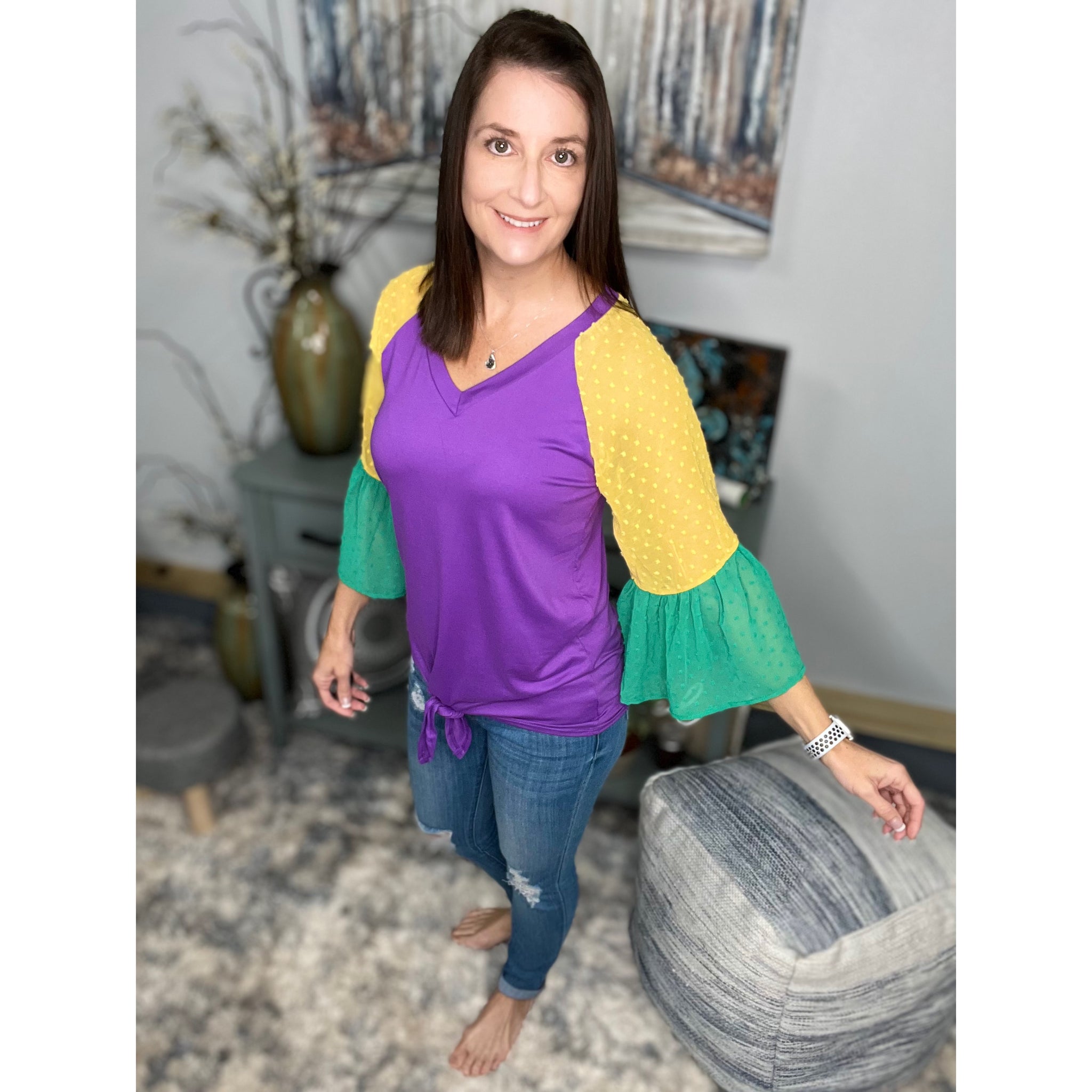 "Beads or Bust" Mardi Gras Color Block Swiss Dot Flutter Bell Sleeves V Neck Tie Bottom Shirt Purple Green & Gold