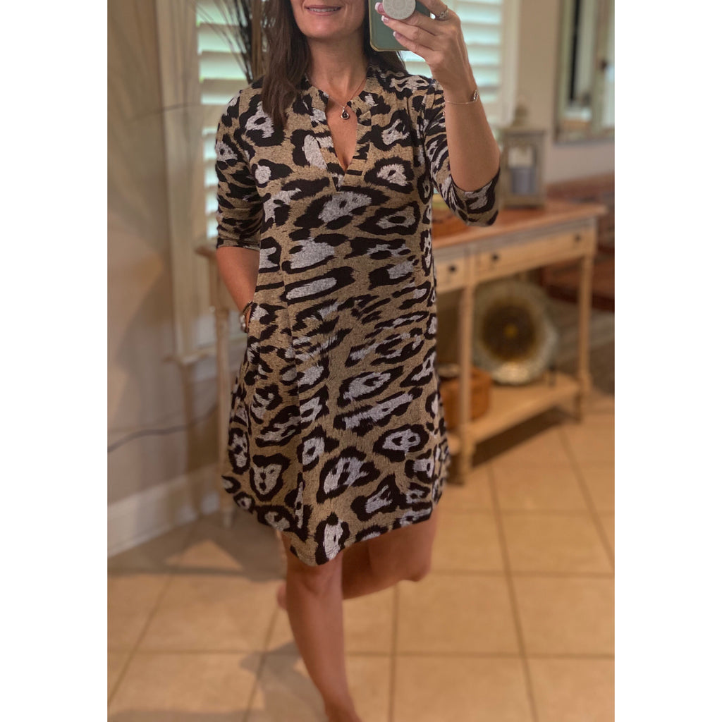 “Take me Anywhere” Leopard Print V Neck Faux Collar A Line Quarter Sleeve Fit Flare Dress Pockets