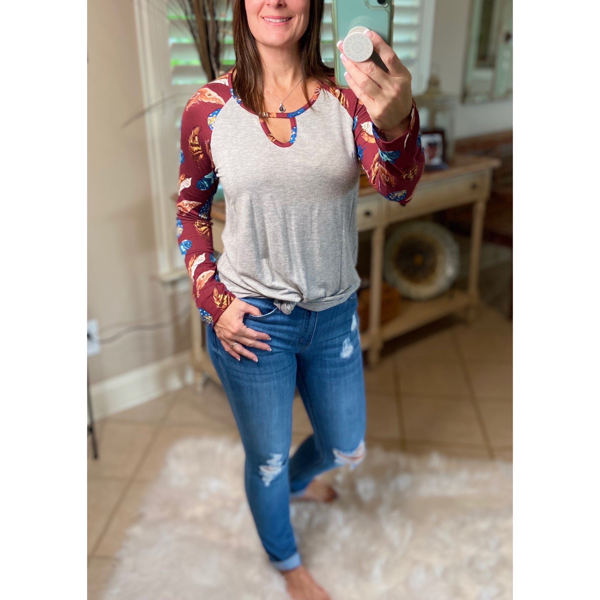 “Dream Catcher” Sporty Feather Long Sleeve Scoop Keyhole Neck Raglan Jersey Stretch Shirt Burgundy S/M/L