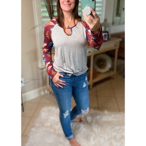 “Dream Catcher” Sporty Feather Long Sleeve Scoop Keyhole Neck Raglan Jersey Stretch Shirt Burgundy S/M/L