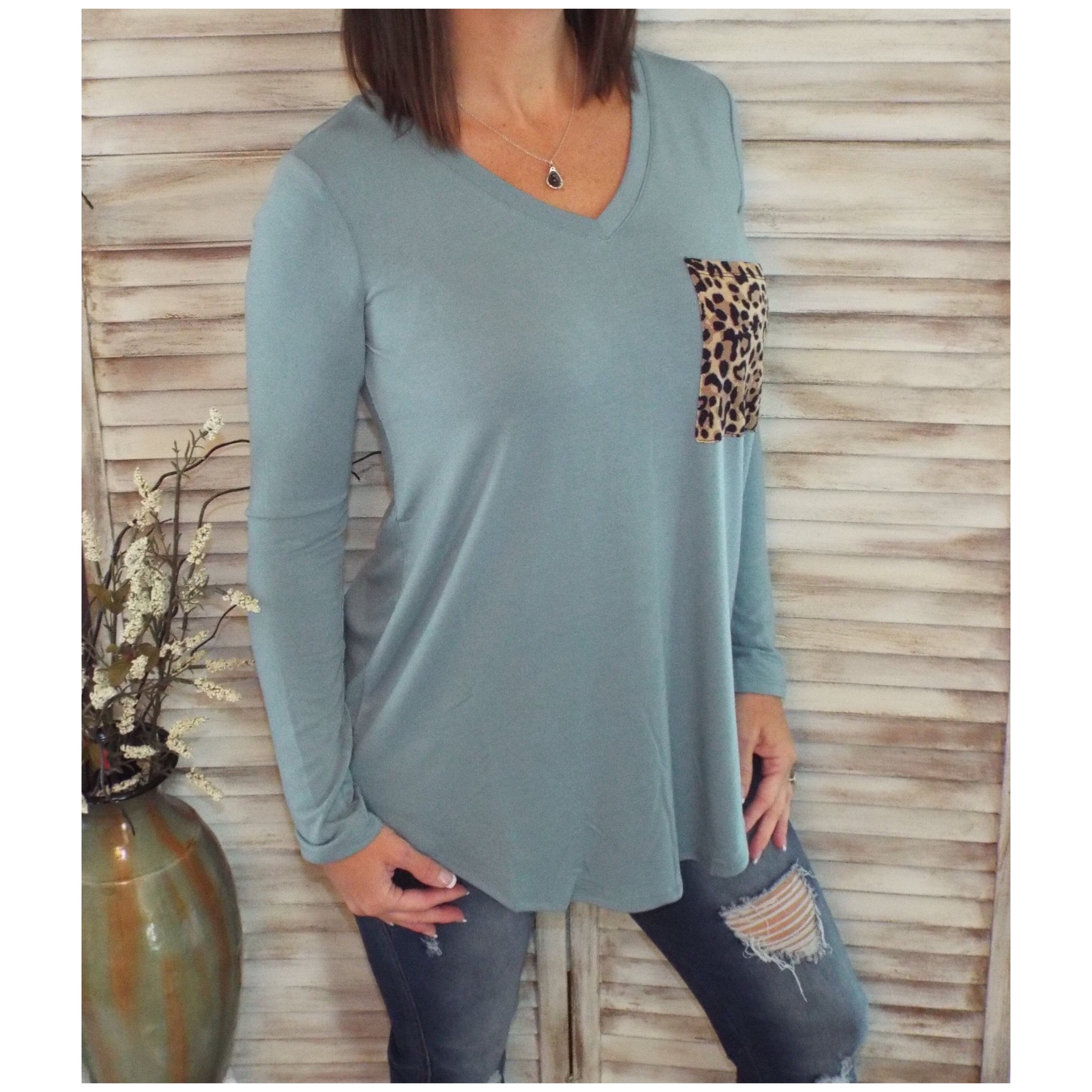 V-Neck Floaty Animal Print Leopard Pocket Long Sleeve Blue S/M/L/XL