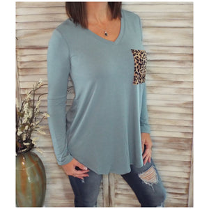 V Neck Floaty Leopard Animal Print Pocket Long Sleeve Floaty Loose Blue