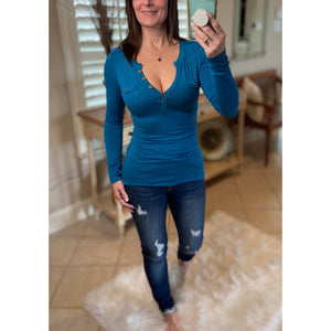 Sexy Deep V Neck Plunge Cleavage Military Henley Pocket Long Sleeve Top Teal