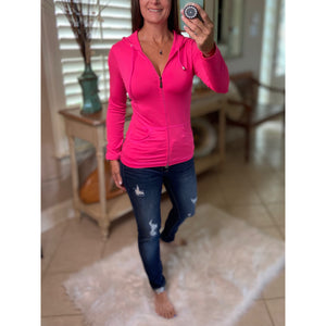 Sexy Sporty Slimming Seamless Zipper Lightweight Hoodie Jacket Pockets Neon Pink OS