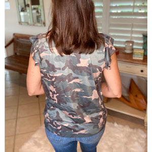 “I’m Still A Girl” Camouflage Gathered Chest Short Ruffle Sleeve Top Green S/M/L/XL