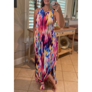 “All the Colors of the Rainbow” Vibrant Tie Dye Scoop Neck Sleeveless Tank Side Pockets Long Maxi Dress Multi