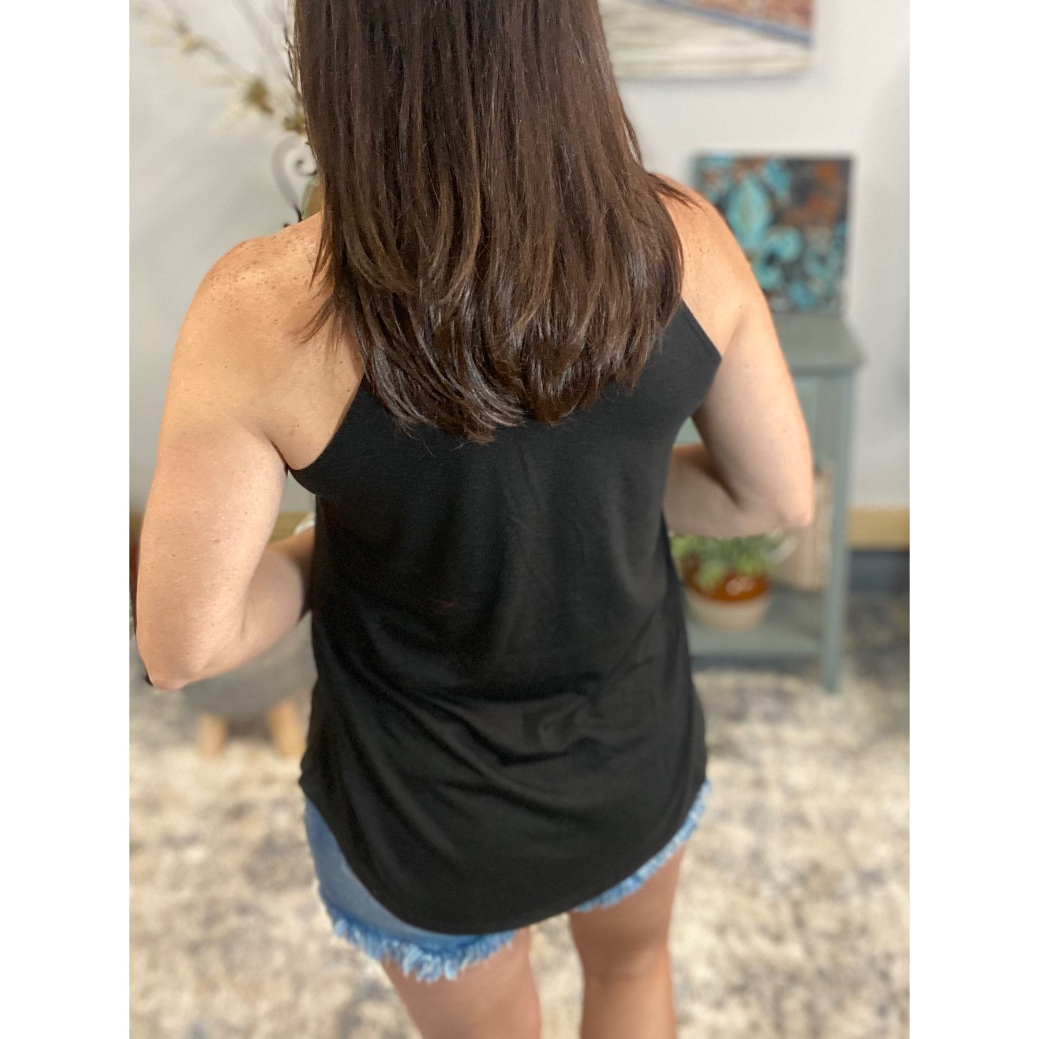 Tri Rocker Racerback Scoop Neck Floaty Trendy Tank Top Black S/M/L/XL