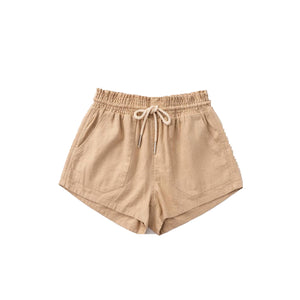 Basic Linen Pocket Drawstring Elastic Waist Dressy Shorts Bottoms Taupe S/M/L