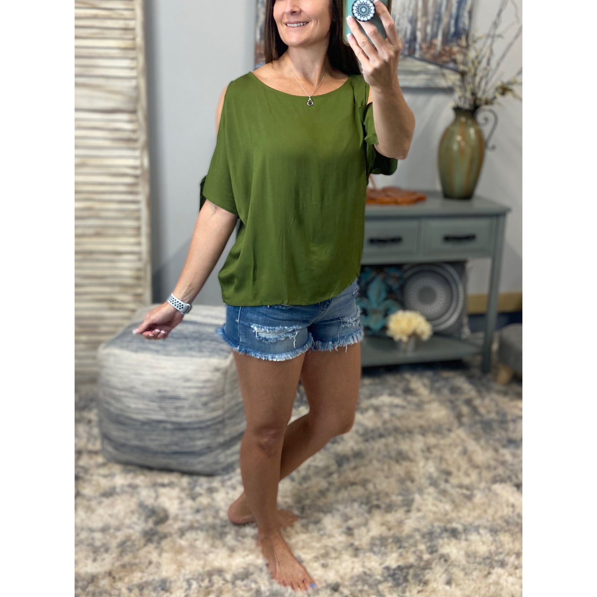 Scoop Cold Shoulder Cutout Dolman Tie Bow Sleeve Top Olive Green S/M/L