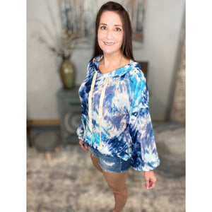 “Free Bird” Tie Dye Crew Neck Waffle Drawstring Light Long Sleeve Hoodie Blue