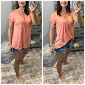 “Just Be You” Sheer Burnout Melange Tissue V-Neck Henley Tab Sleeve Shirt Floaty Tee Peach