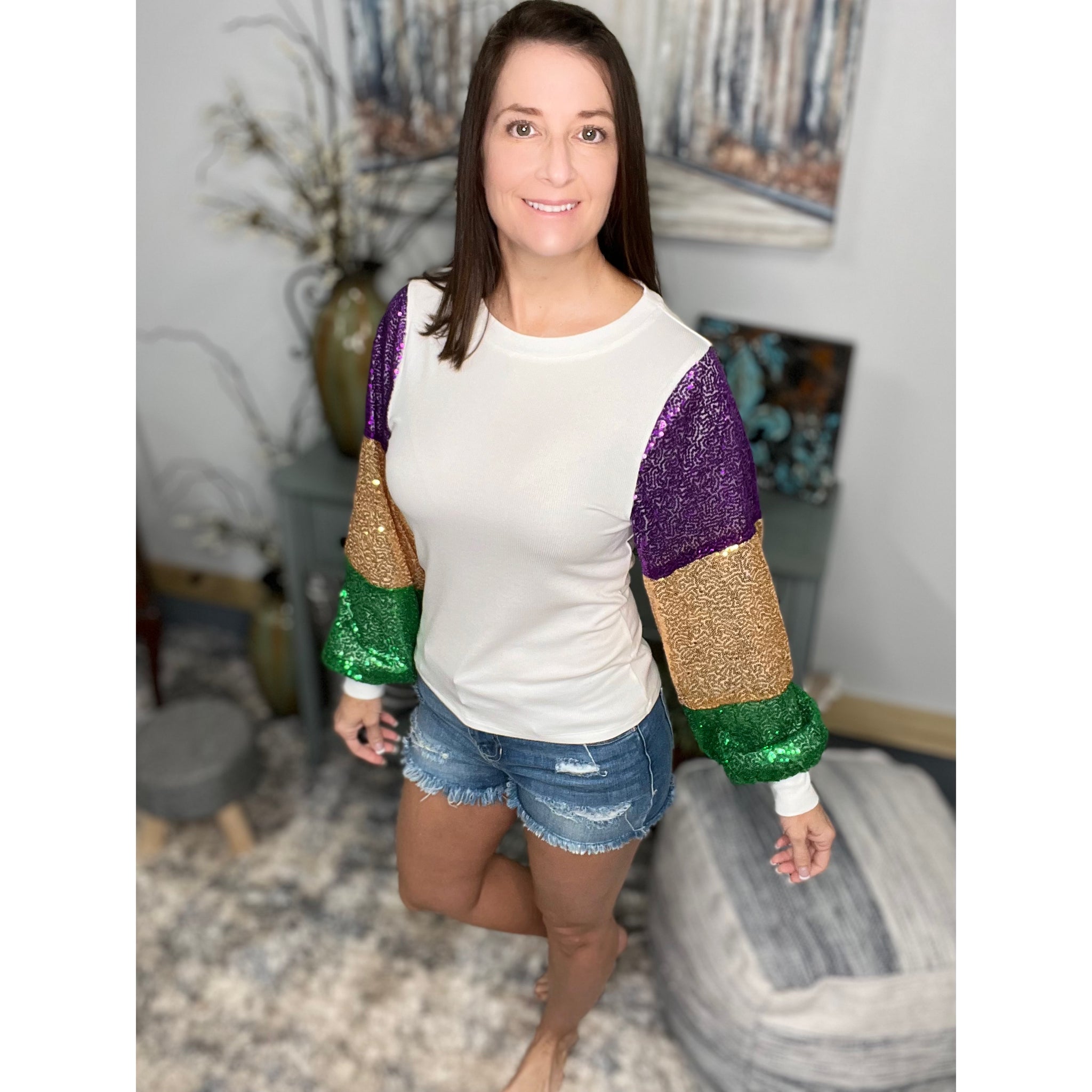 “Neutral Ground Side” Mardi Gras Sequined Color Block Balloon Sleeves Purple Green & Gold Ivory