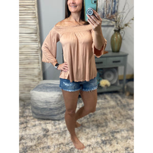 Smocked Off Shoulder Floaty 3/4 Sleeve Blouse Shirt Top Peach S/M/L