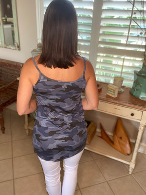 “Heat Wave” Reversible Camouflage Low Scoop Or V Neck Spaghetti Strap Tank Shirt Top Blue PLUS