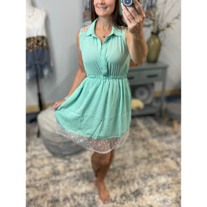Henley Collar Button Up Lace Sleevless Boho Shirt Dress Mint Green S/M/L