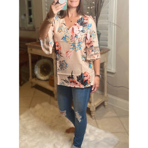 “Spring Is In The Air” Floral Print V-Neck Flared Sleeve Boho Dressy Top Light Peach S/M/L/XL/2X