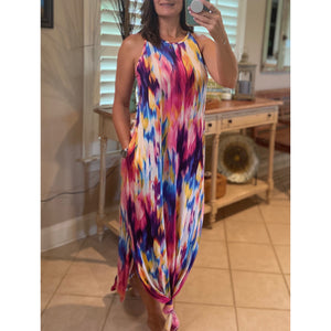 “All the Colors of the Rainbow” Vibrant Tie Dye Scoop Neck Sleeveless Tank Side Pockets Long Maxi Dress Multi