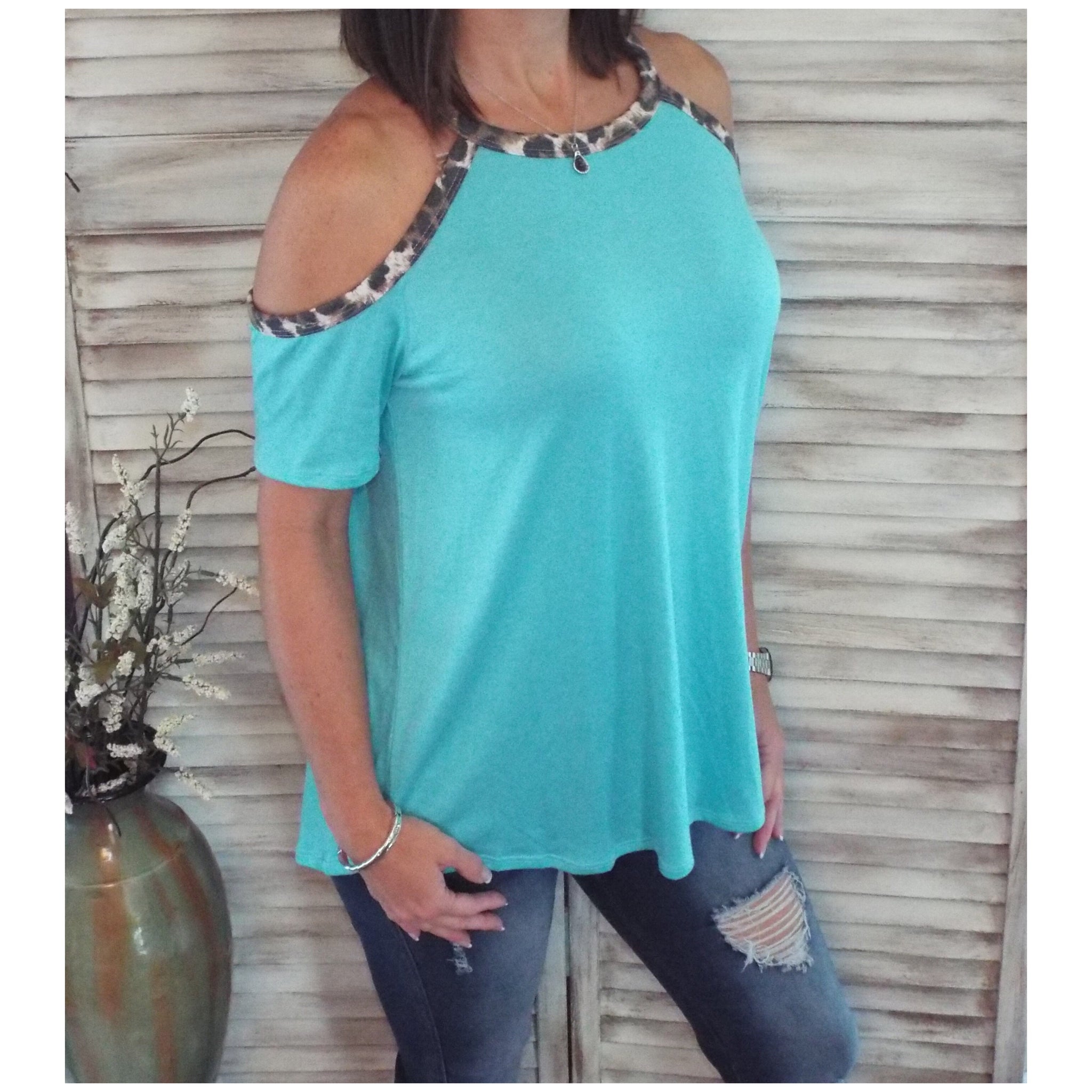 Very Sexy Leopard Trim Cold Shoulder Cutout Dolman Drape Top Mint S/M/L
