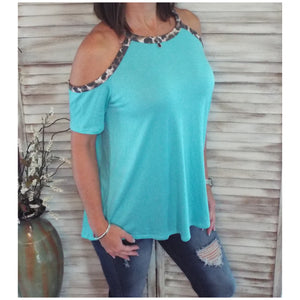 Very Sexy Leopard Trim Cold Shoulder Cutout Dolman Drape Top Mint S/M/L