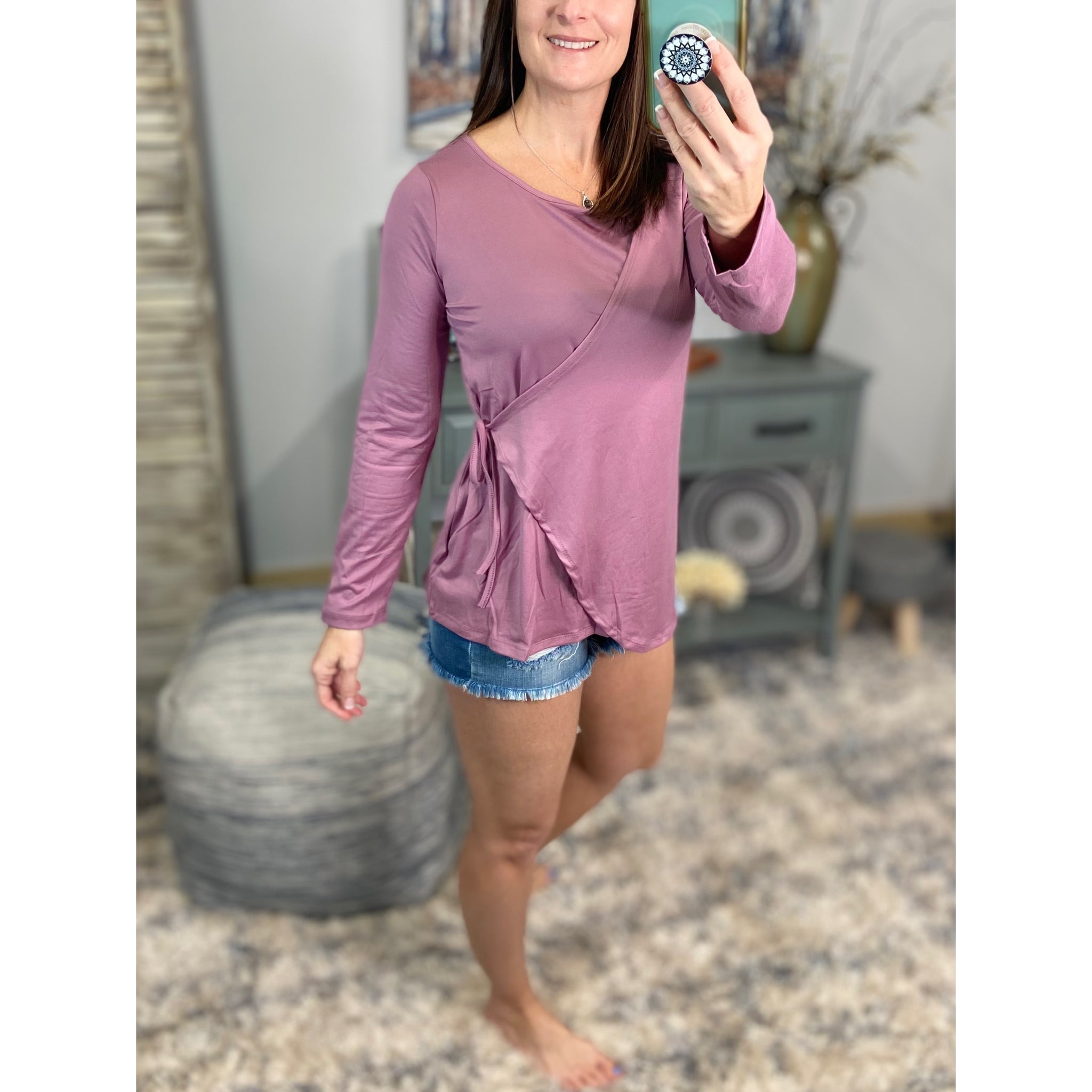"Wrap Me In Love" One Side Faux Wrap Tie Long Sleeve Top Pink S/M/L/XL