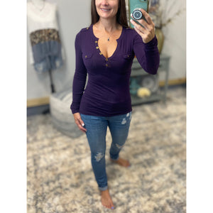 Long Sleeve Deep V Neck Plunge Cleavage Military Henley Pocket Top Purple