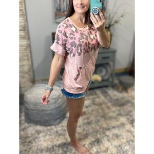 "I'm Making Moves" Leopard Color Block Scoop Neck Ribbed Kangaroo Pocket Pink S/M/L/XL