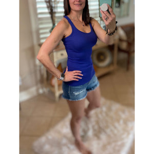 "Can't Touch This" Ribbed Racerback Low Scoop Boy Beater Cleavage Tank Top Bright Blue PLUS