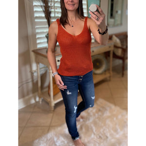 “Spring Fling” Sexy Low Double V Neck Back Sleeveless Dressy Sweater Tank Rust