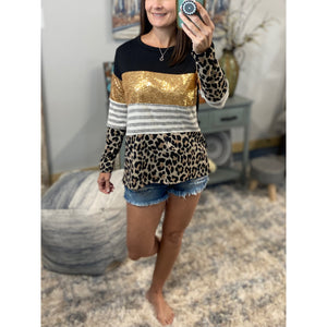 "All That Glitters" Gold Sequined Round Neck Leopard Animal Print Pocket Long Sleeve Black