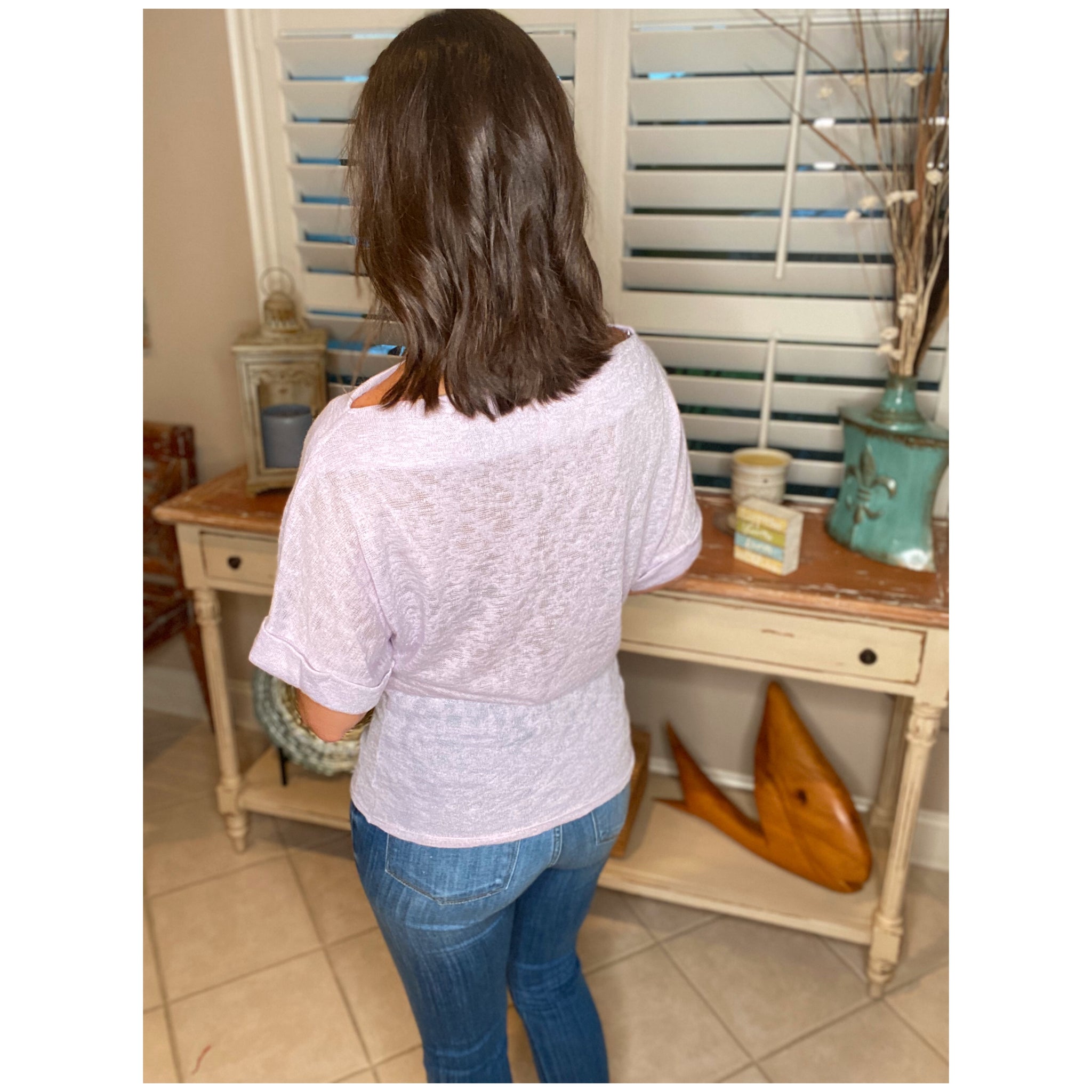 Gauzy Wide Boat Neck Dolman Rolled Sleeve Cold One Shoulder Top Shirt Lavender