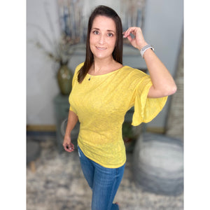 "Charmed Life" Boat Neck Short Ruffle Bell Dolman Sleeve Top Yellow