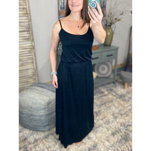 “A Girl’s Summer” Scoop Neck Drape Elastic Waist Spaghetti Strap Cami Tank Maxi Long Dress Black