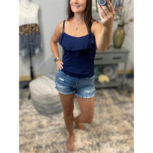 Chiffon Ruffle Scoop Neck Low Cut Cleavage Tank Cami Top Navy S/M/L