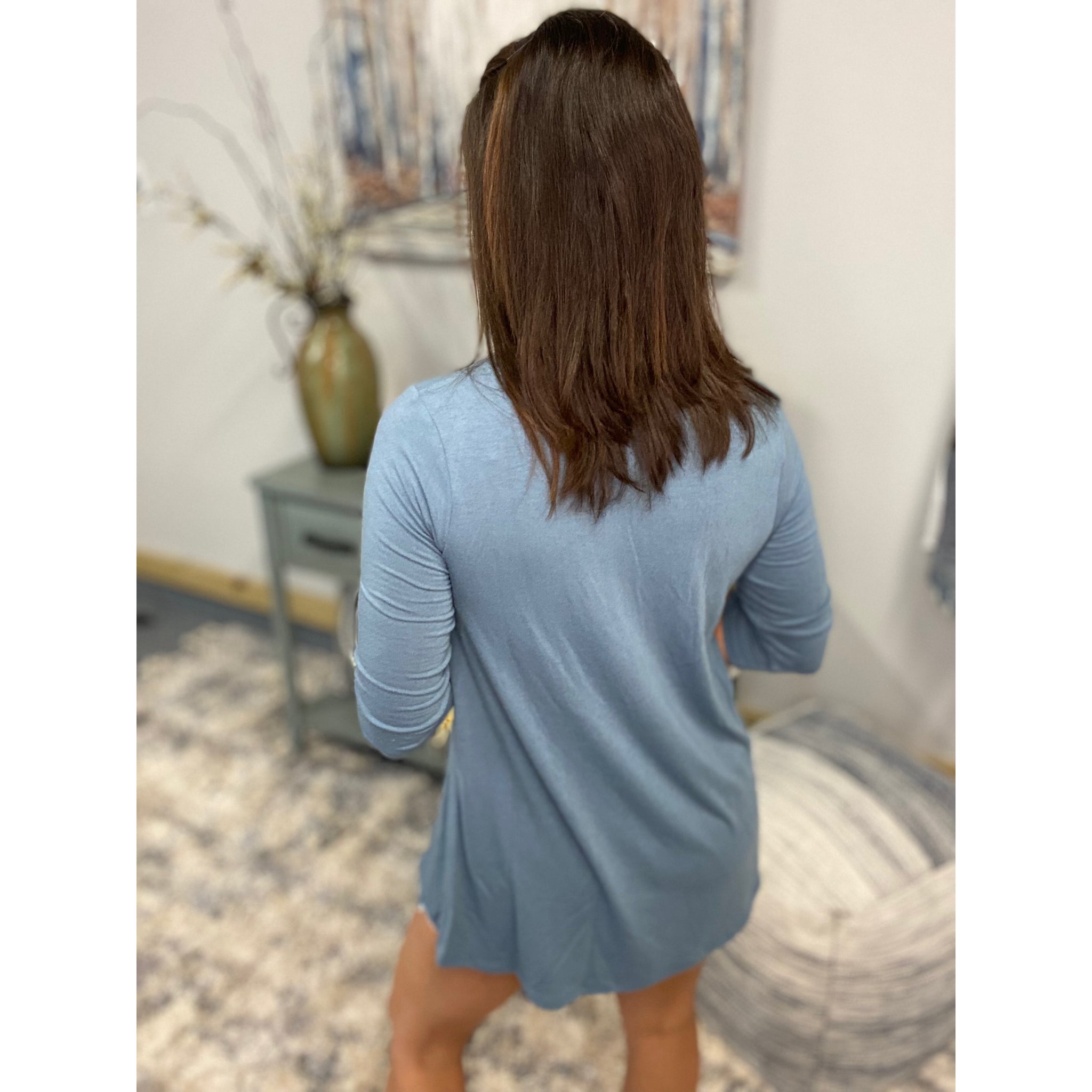 Round Neck Floaty Tunic 3/4 Sleeve With Wood Button Detail Blue S/M/L/XL