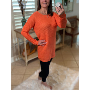 “Undone” Waffle Hi-Low Rounded Hem Long Sleeve Round Neck Tunic Sweater Coral