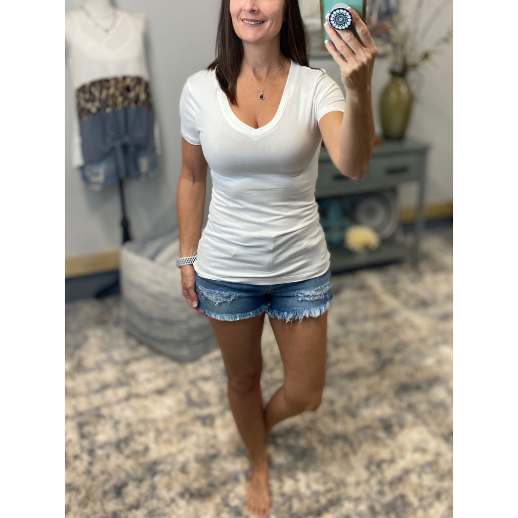 “Basic Babe” Low Cut V-Neck Cleavage Baby Slimming Basic Tee Shirt White