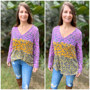 “Queen Cake” Mardi Gras Leopard Wide Neck Off Shoulder Shirt Purple Green & Gold