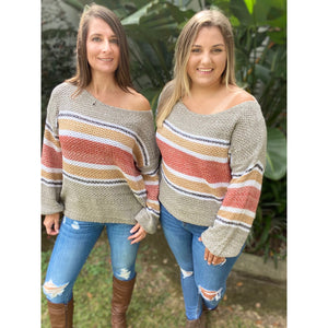 “My Happy Place” Lightweight Ribbed Knit Sweater Striped Off Shoulder Long Sleeve