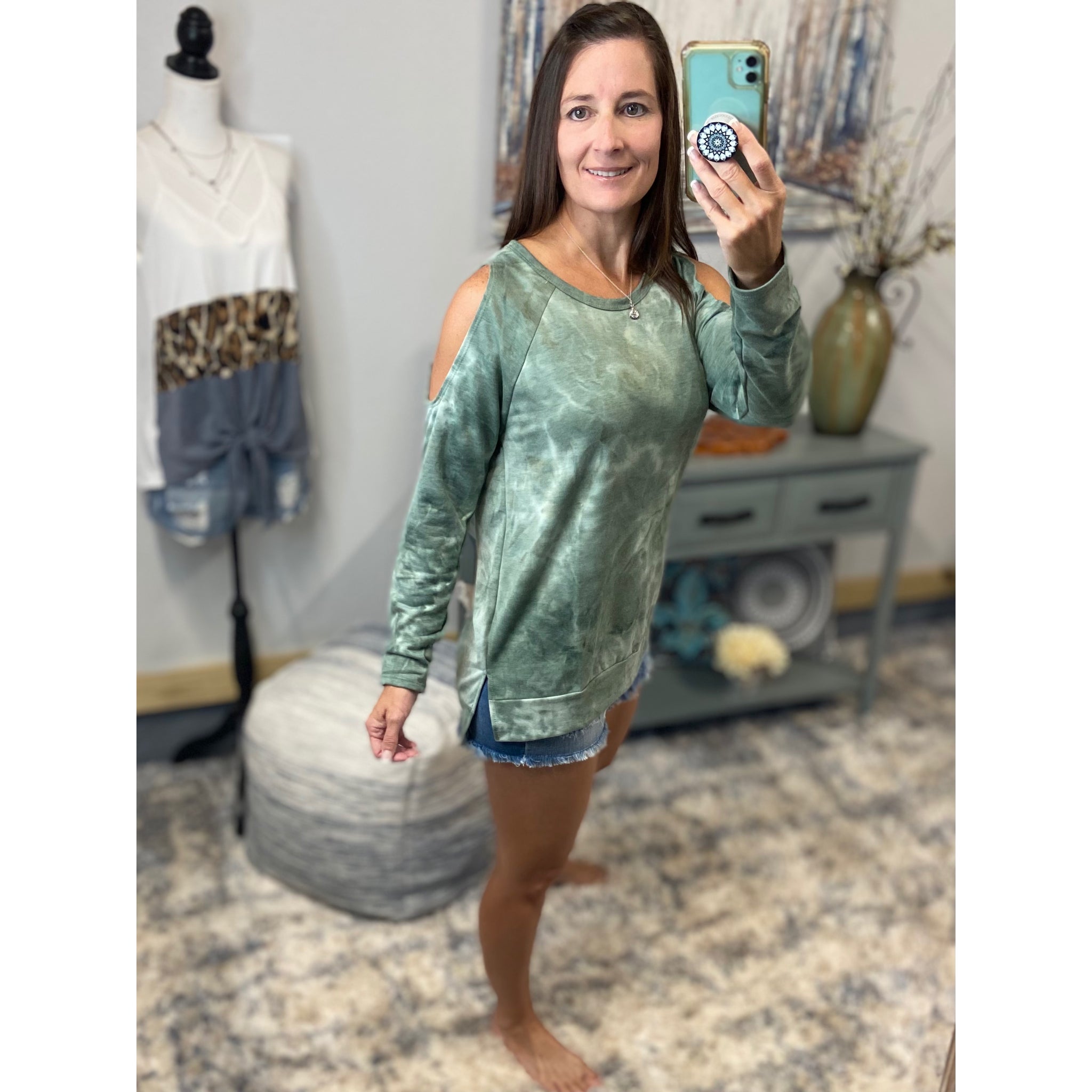 “Never Better” Tie Dye French Terry Cold Shoulder Long Sleeve Round Neck Split Side Top Green