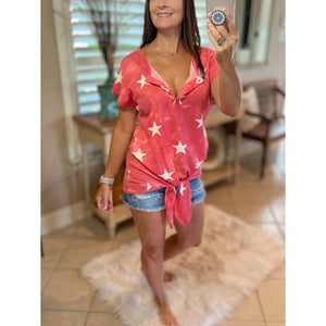 "Don't Stop Believing" Star Print 4th of July America Floaty Henley Self Tie Red S/M/L