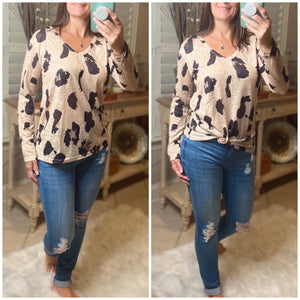 "Wild Child" V-Neck Floaty Animal Print Leopard Long Sleeve Taupe