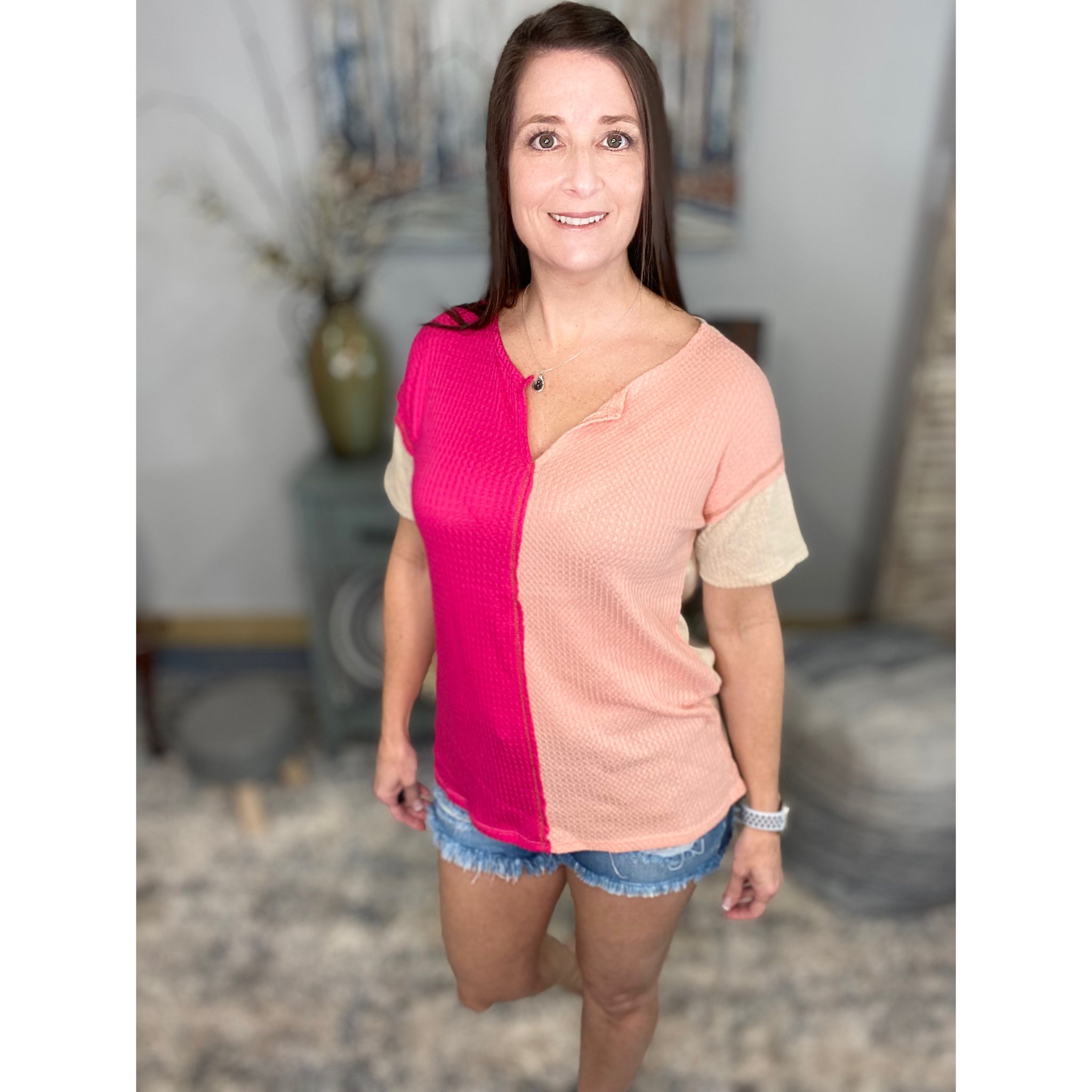 “Fire & Ice" Color Block V-Neck Waffle Light Inside Out Stitching Pink S/M/L/XL
