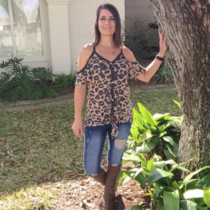 Waffle Leopard Cold Shoulder Cutout Self Tie Dolman Flutter Sleeve Top Brown
