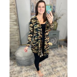 “Suspicious Love” Open Long Cardigan Pocket Asymmetrical Light Long Sleeve Open Front Camouflage