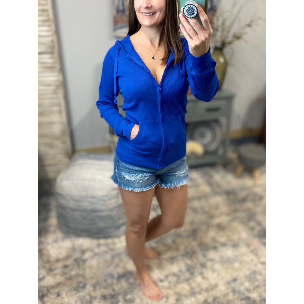 "Get Cozy" Zip Up Waffle Thermal Hoodie Light Jacket Yoga Royal Blue S/M/L/XL