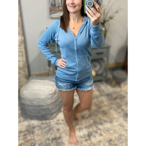 "Get Cozy" Zip Up Waffle Thermal Hoodie Long Sleeve Kangaroo Pocket Light Jacket Yoga Light Blue