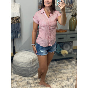 “Never Too Much” Striped V Neck Preppy Country Collar Pocket Button Up Short Tab Sleeve Red