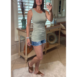 "All Summer Long" Scoop Neck Ruched Gathered Sides Sleeveless Summer Top Sage S/M/L/XL