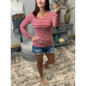 Sexy Nautical Striped Rugby Preppy Elbow Patch Stretch L/S Shirt Red White S/M/L