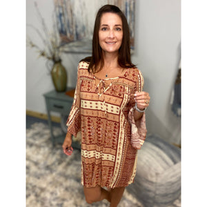 "Falling for You" Floral Bell 3/4 Sleeve Keyhole Tie Floaty Shift Tunic Dress Pink S/M/L